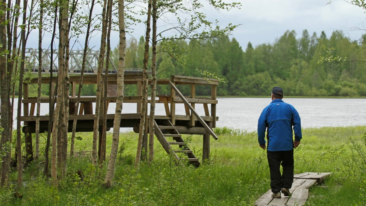 Mies kävelee kohti tuuralammen lintutornia